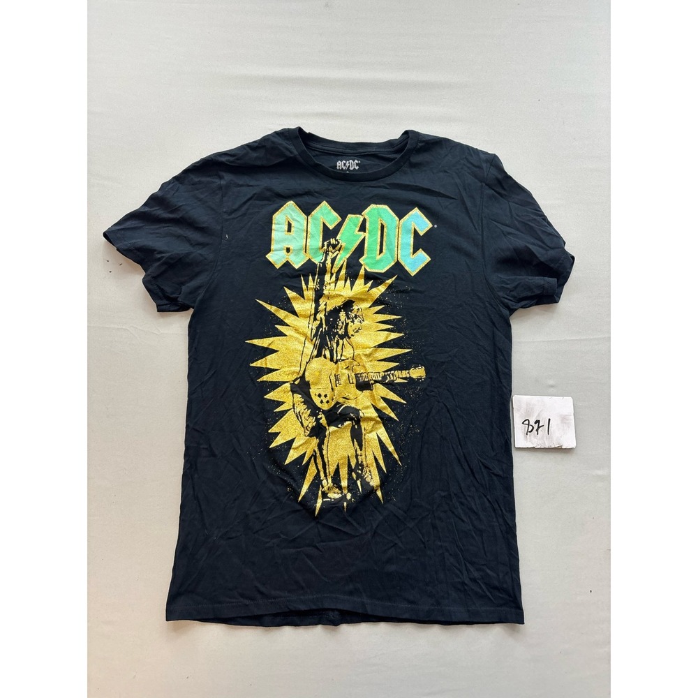 AC/DC Angus Young Graphic T-Shirt Black Gold Glitter Logo Small Cotton Band Tee